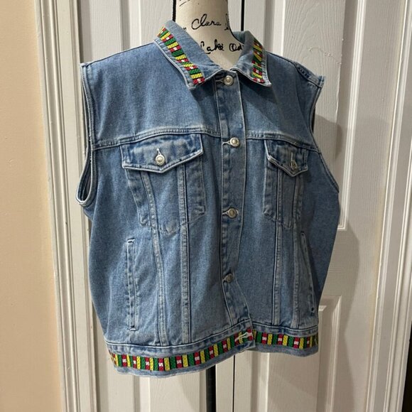 DENIM VEST Y2K 90’s COLORFUL EMBROIDERED Sz 22W BIKER ROCK HIPPIE AESTHETIC - Picture 10 of 14